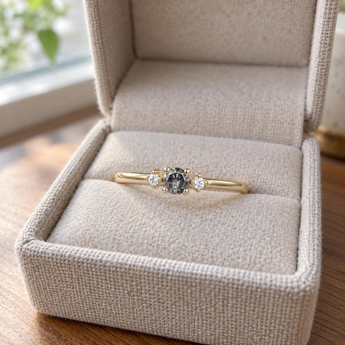 14K White Gold Grey Salt and Pepper Natural Round Cut Diamond Wedding Ring