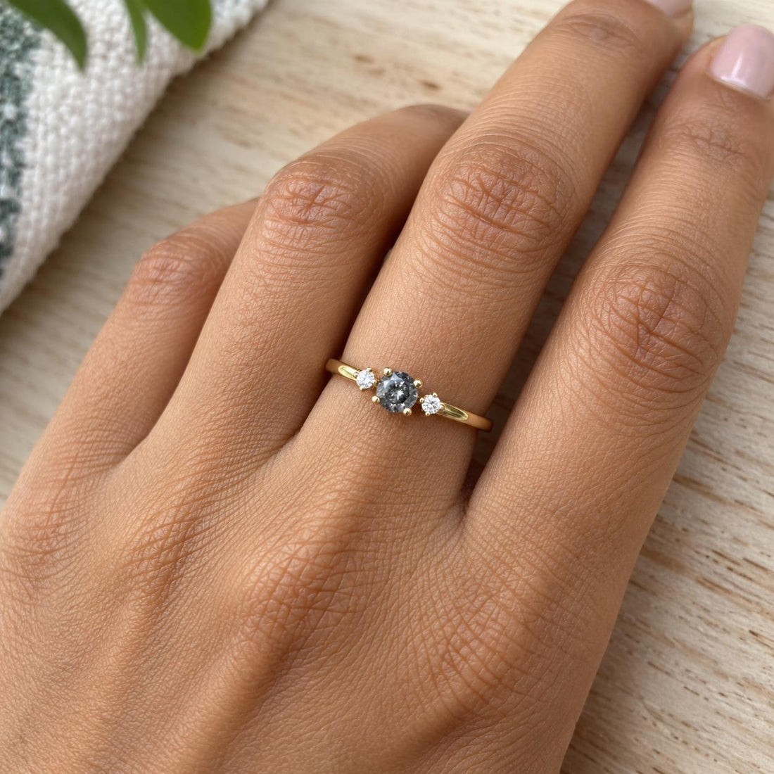 14K White Gold Grey Salt and Pepper Natural Round Cut Diamond Wedding Ring