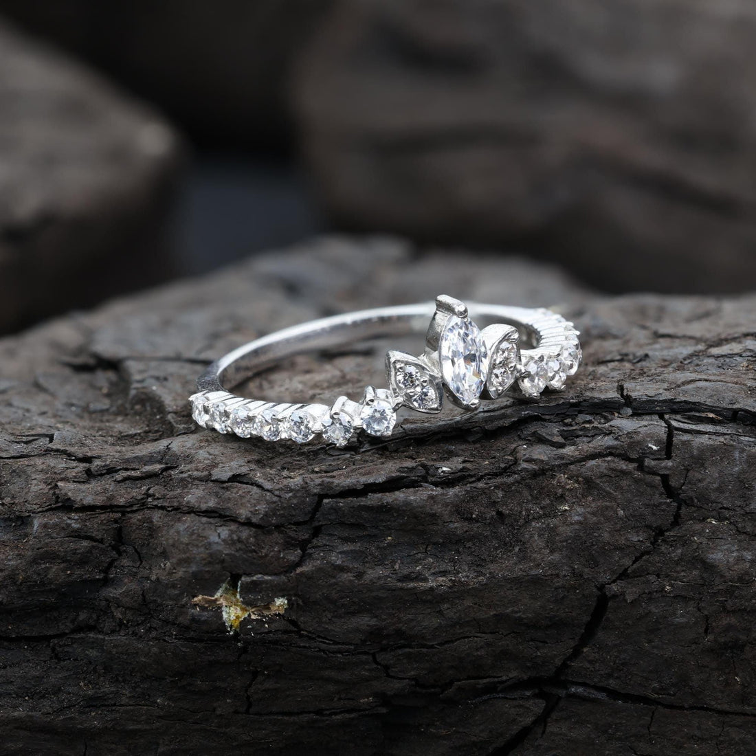 Marquise Cut Grey Salt and Pepper Natural Diamond, 14K White Gold Engagement Ring