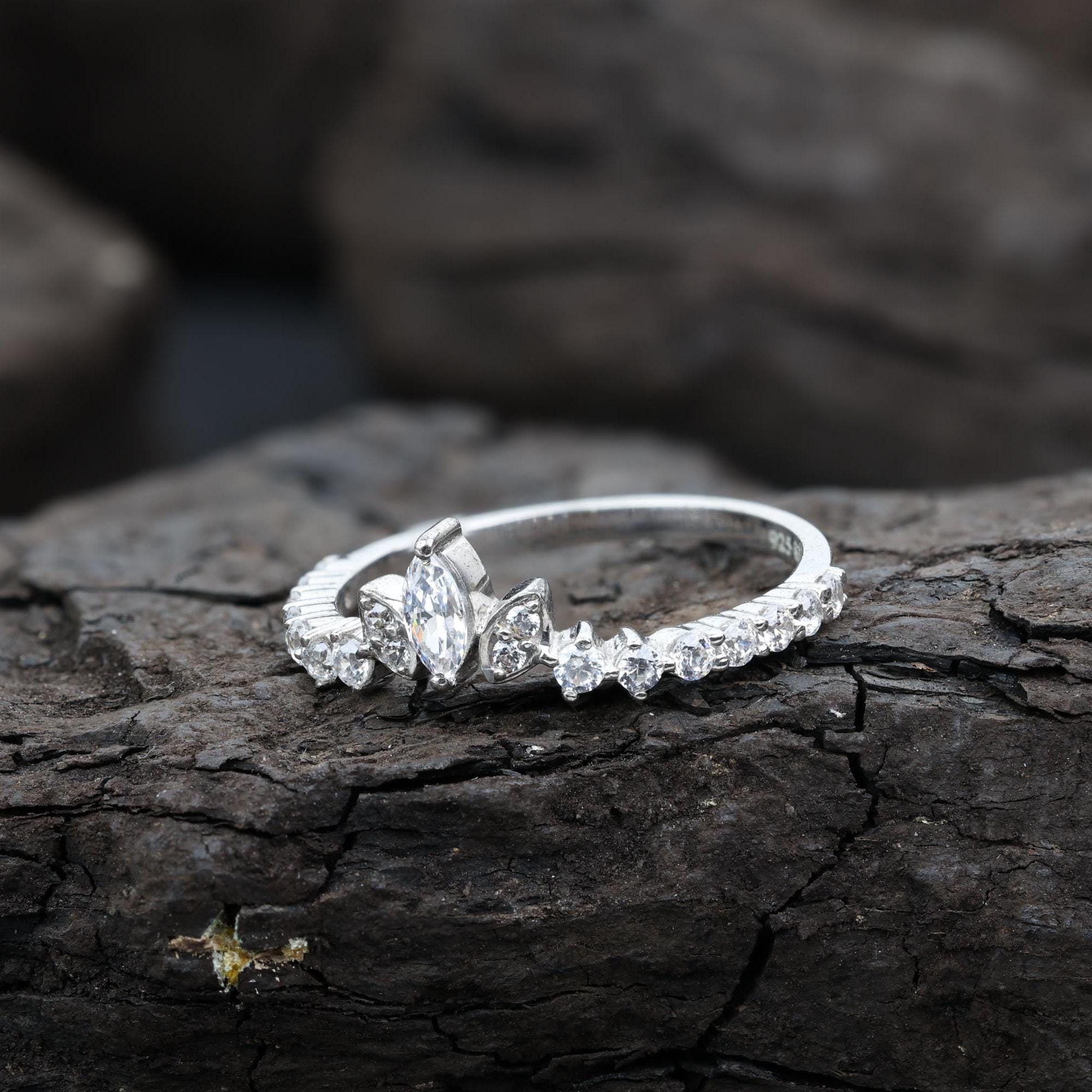 Marquise Cut Grey Salt and Pepper Natural Diamond, 14K White Gold Engagement Ring