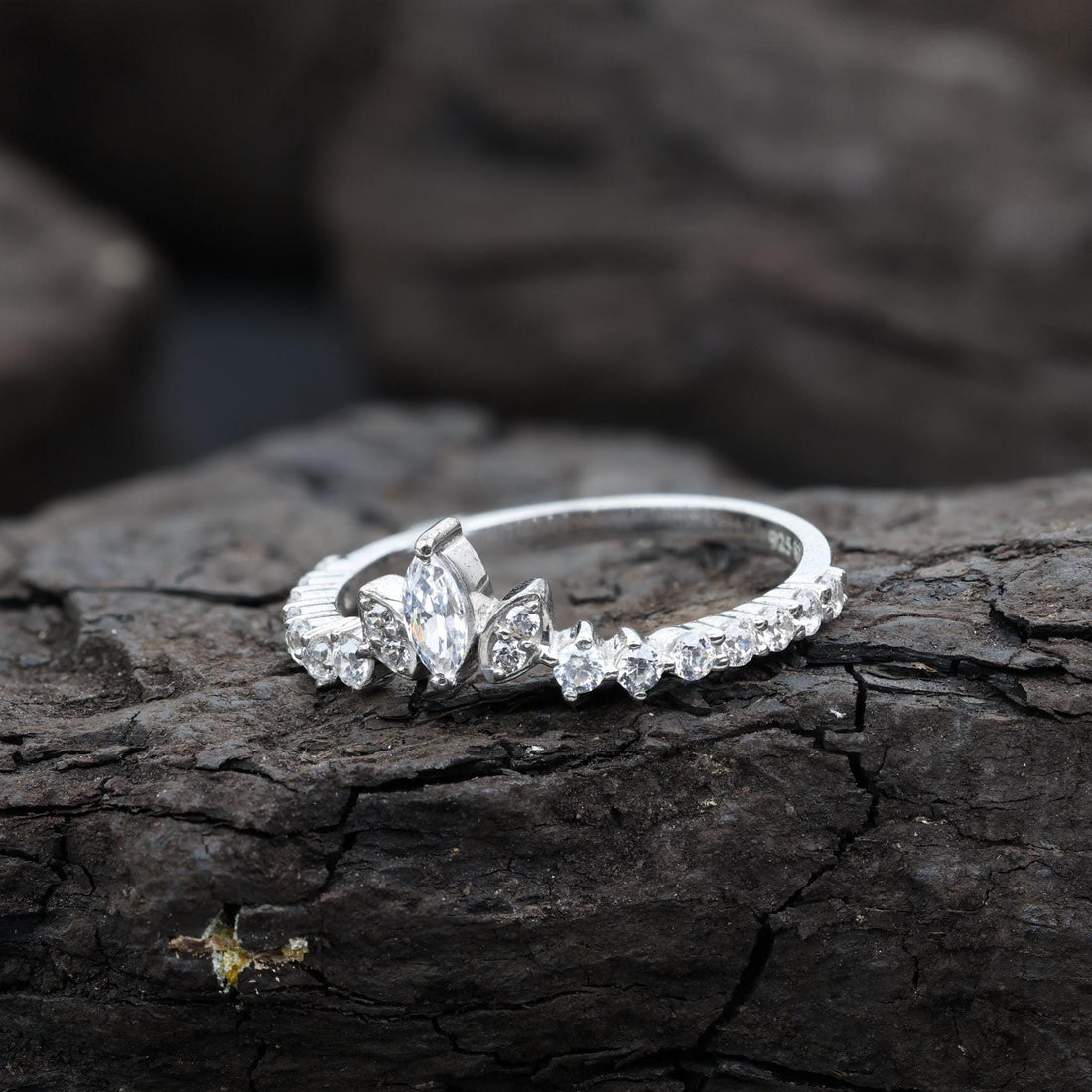 Marquise Cut Grey Salt and Pepper Natural Diamond, 14K White Gold Engagement Ring