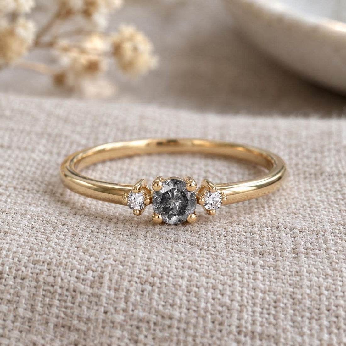 14K White Gold Grey Salt and Pepper Natural Round Cut Diamond Wedding Ring