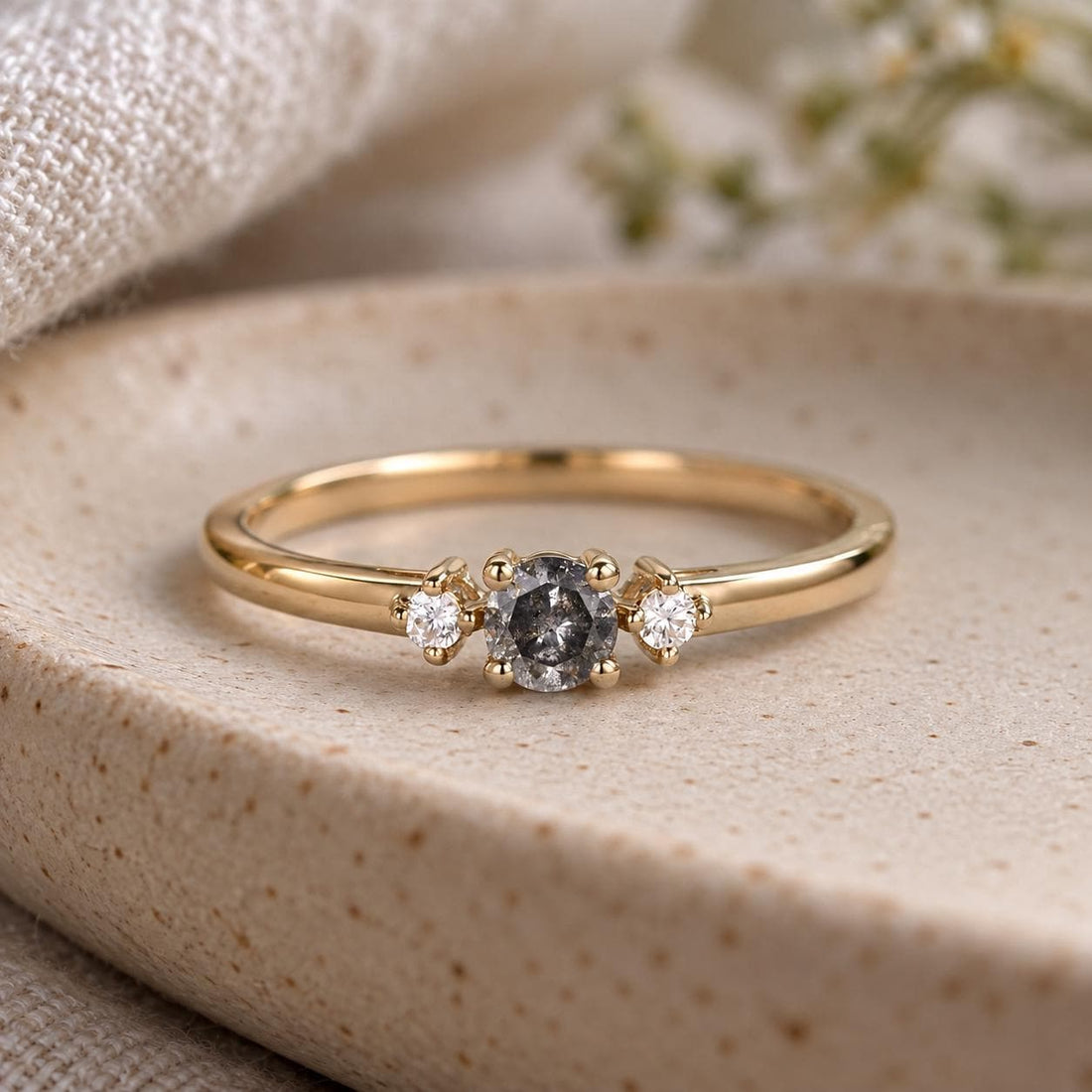 14K White Gold Grey Salt and Pepper Natural Round Cut Diamond Wedding Ring