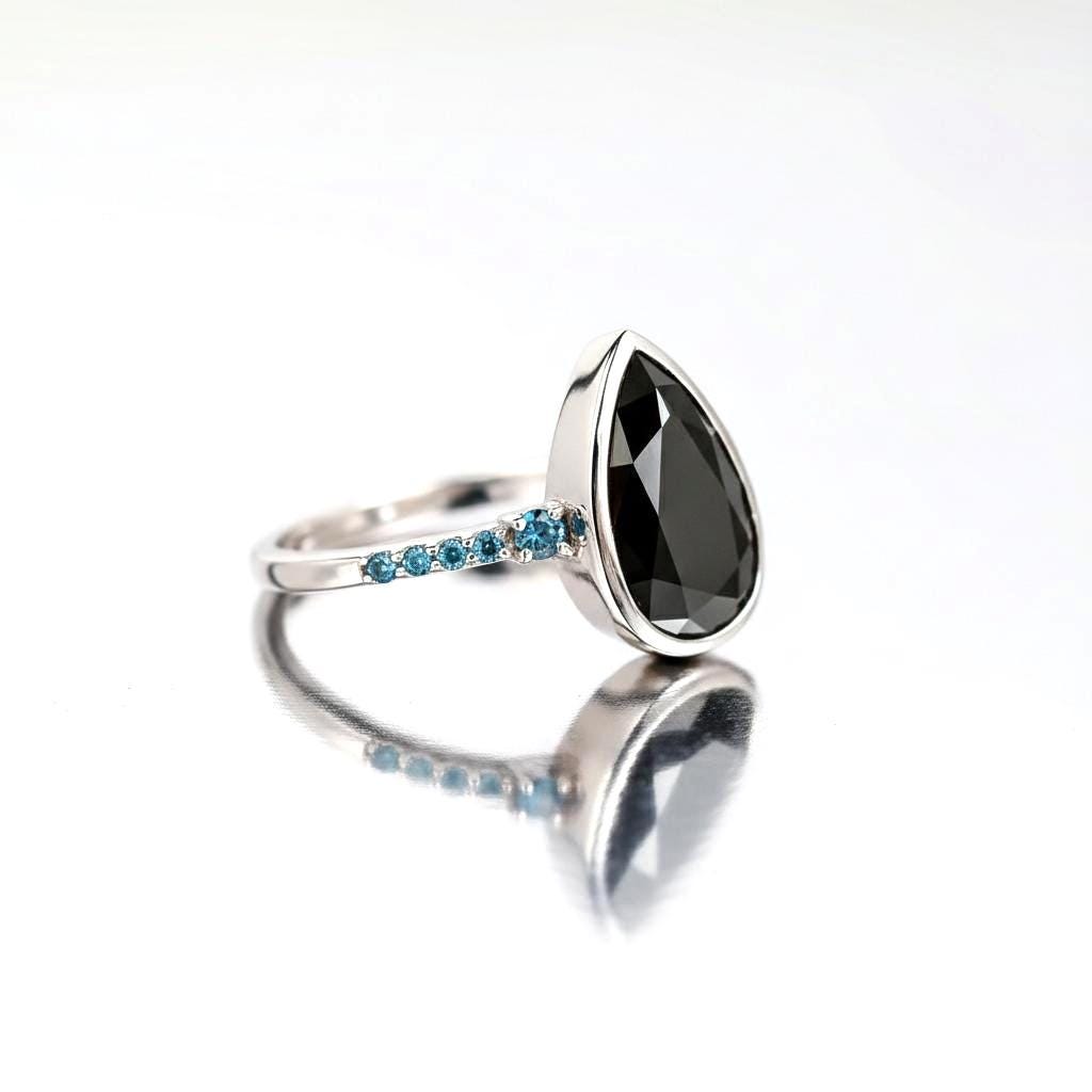 Pear Cut Black Diamond Ring, Natural Diamond 14K Rose Gold Promise Ring