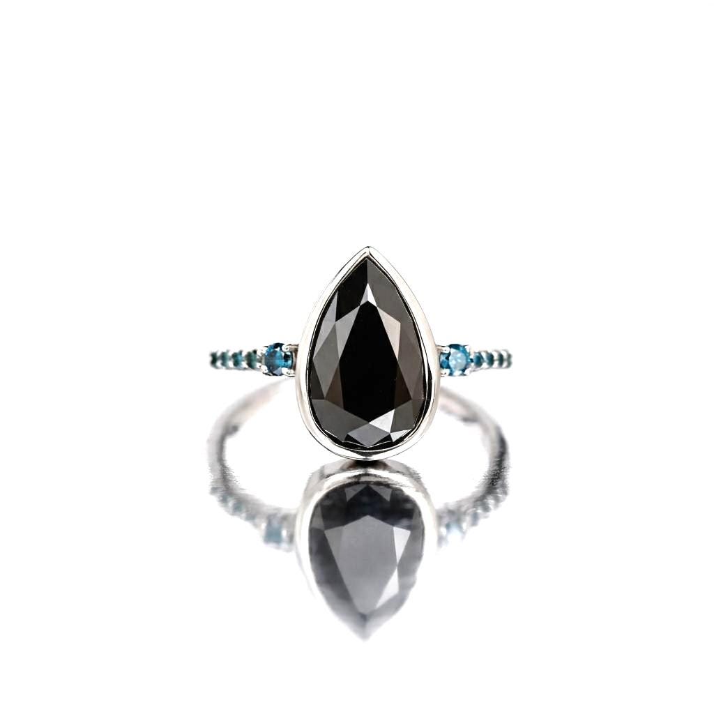 Pear Cut Black Diamond Ring, Natural Diamond 14K Rose Gold Promise Ring