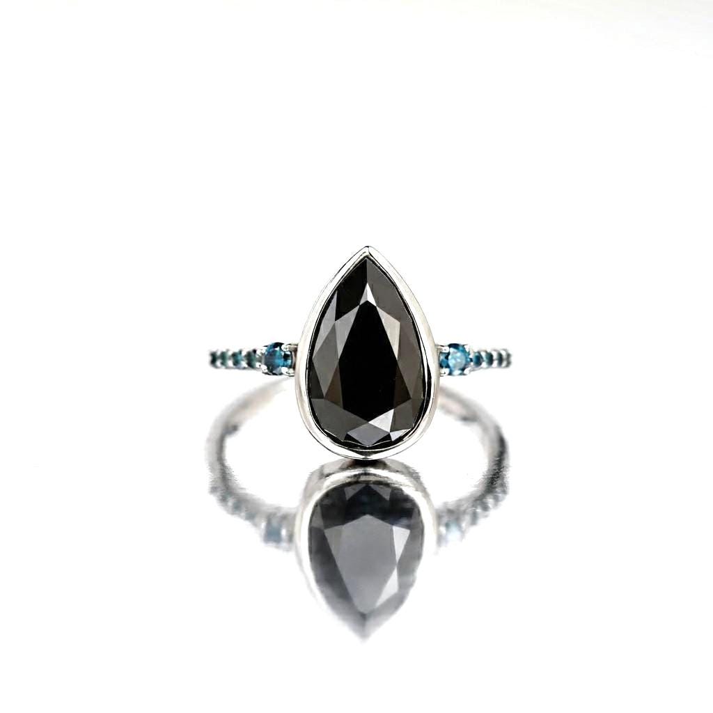 Pear Cut Black Diamond Ring, Natural Diamond 14K Rose Gold Promise Ring