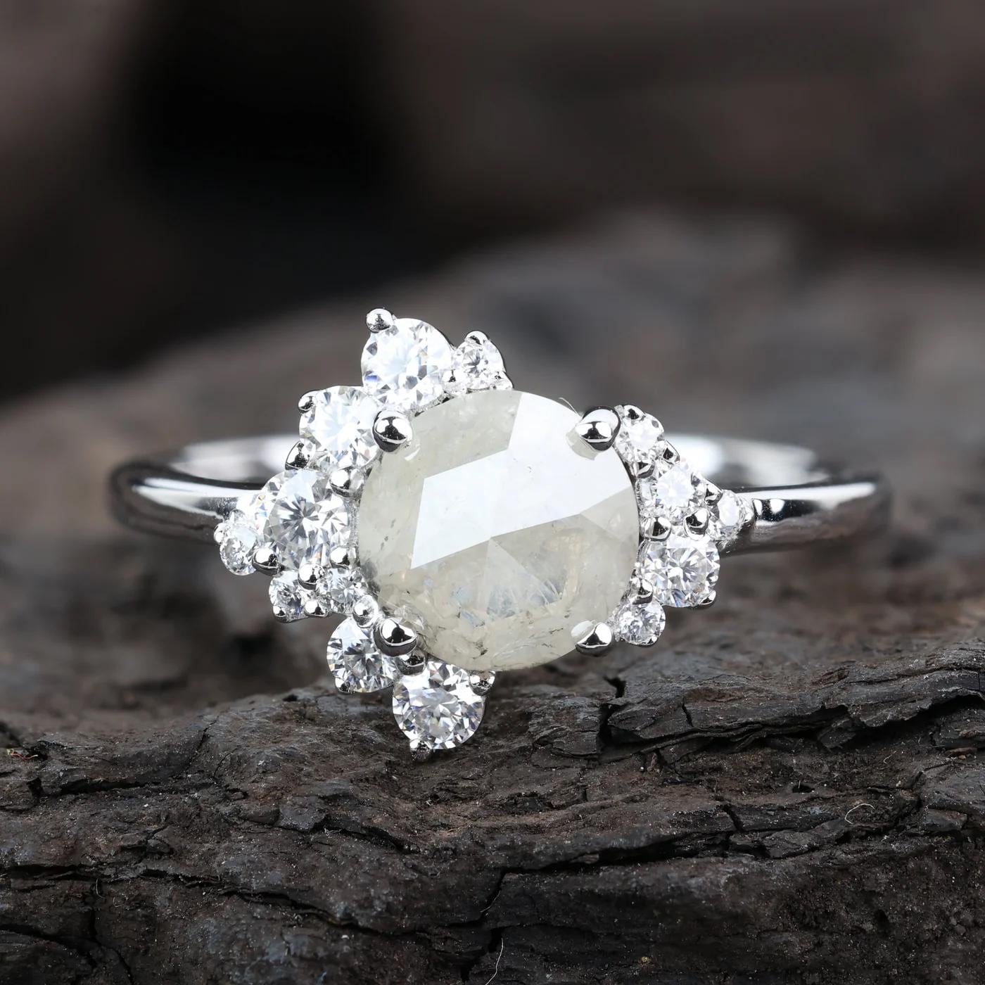 14K White Gold Grey Round Rose Cut Salt and Pepper Natural Diamond Engagement Ring