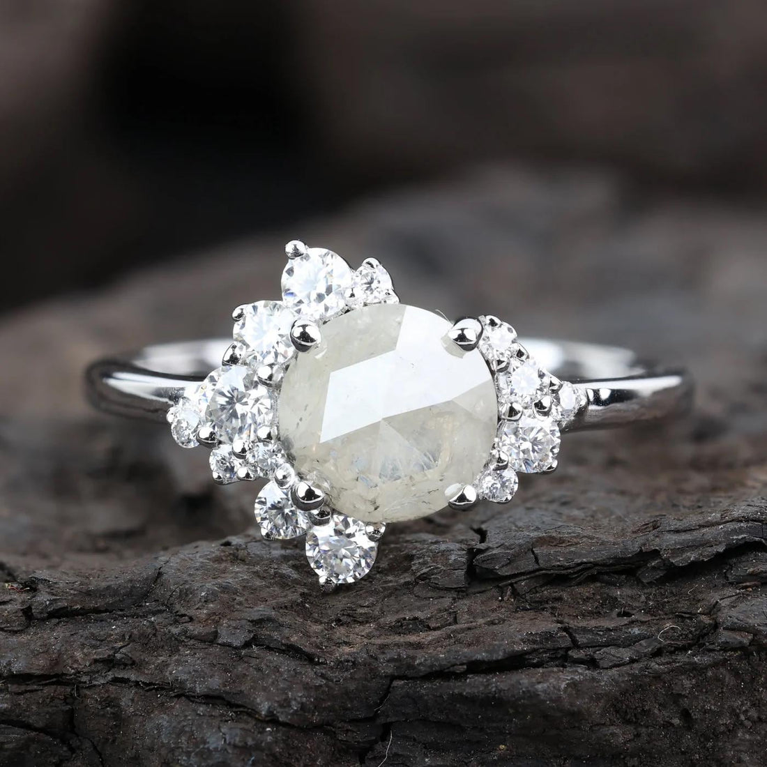 14K White Gold Grey Round Rose Cut Salt and Pepper Natural Diamond Engagement Ring