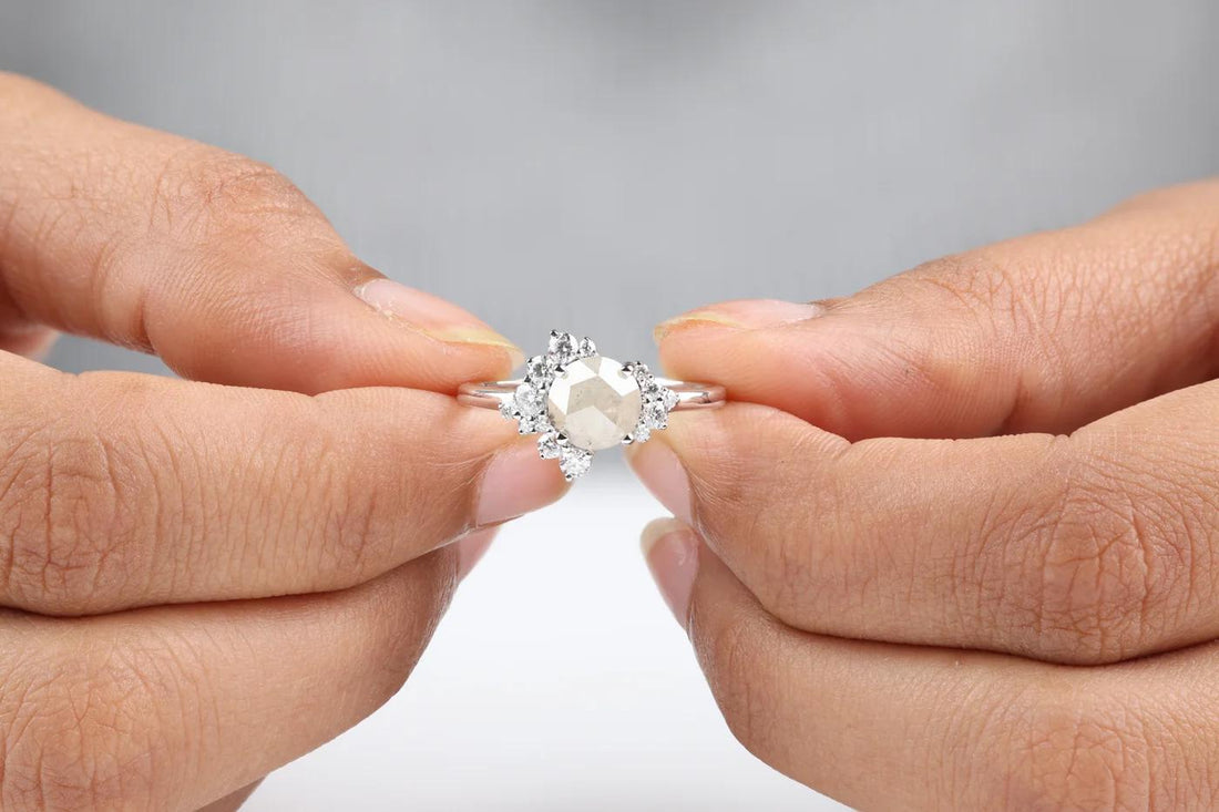 14K White Gold Grey Round Rose Cut Salt and Pepper Natural Diamond Engagement Ring