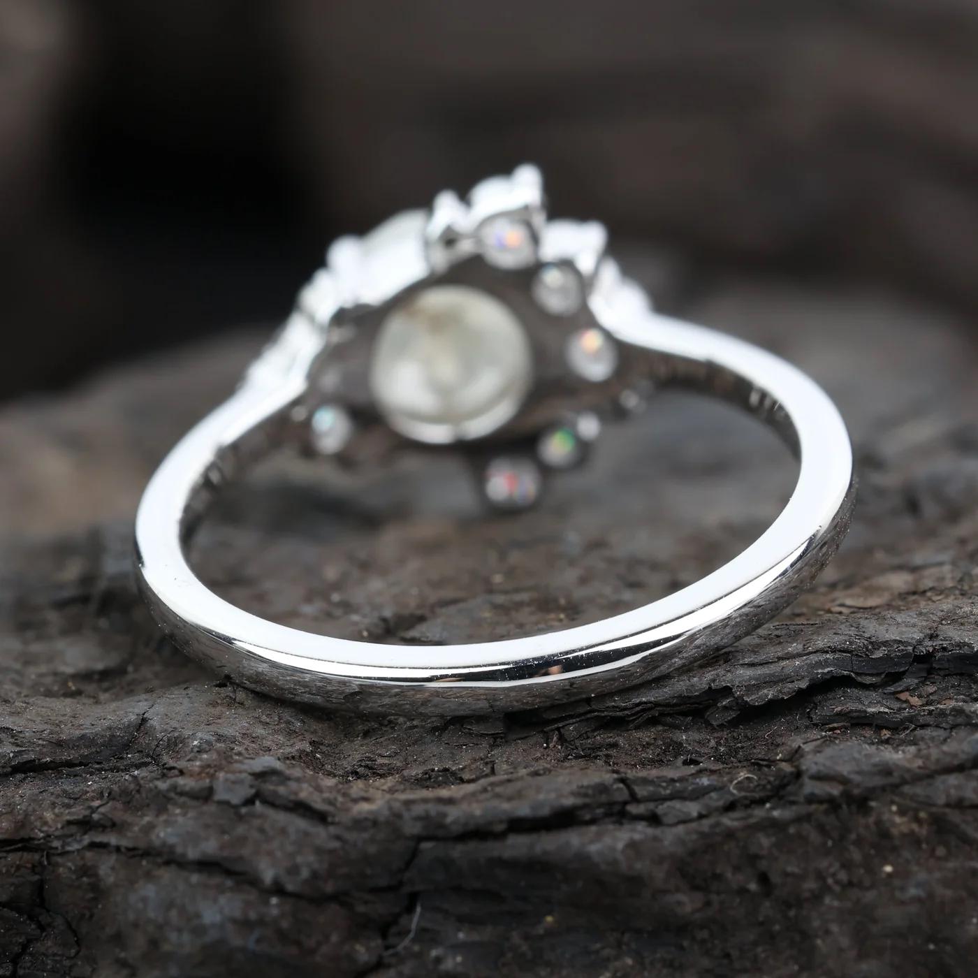 14K White Gold Grey Round Rose Cut Salt and Pepper Natural Diamond Engagement Ring