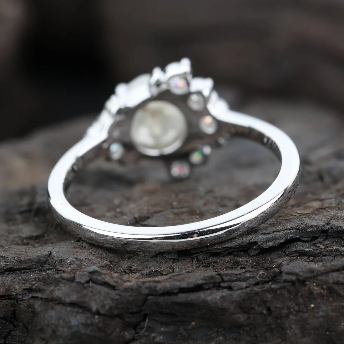14K White Gold Grey Round Rose Cut Salt and Pepper Natural Diamond Engagement Ring