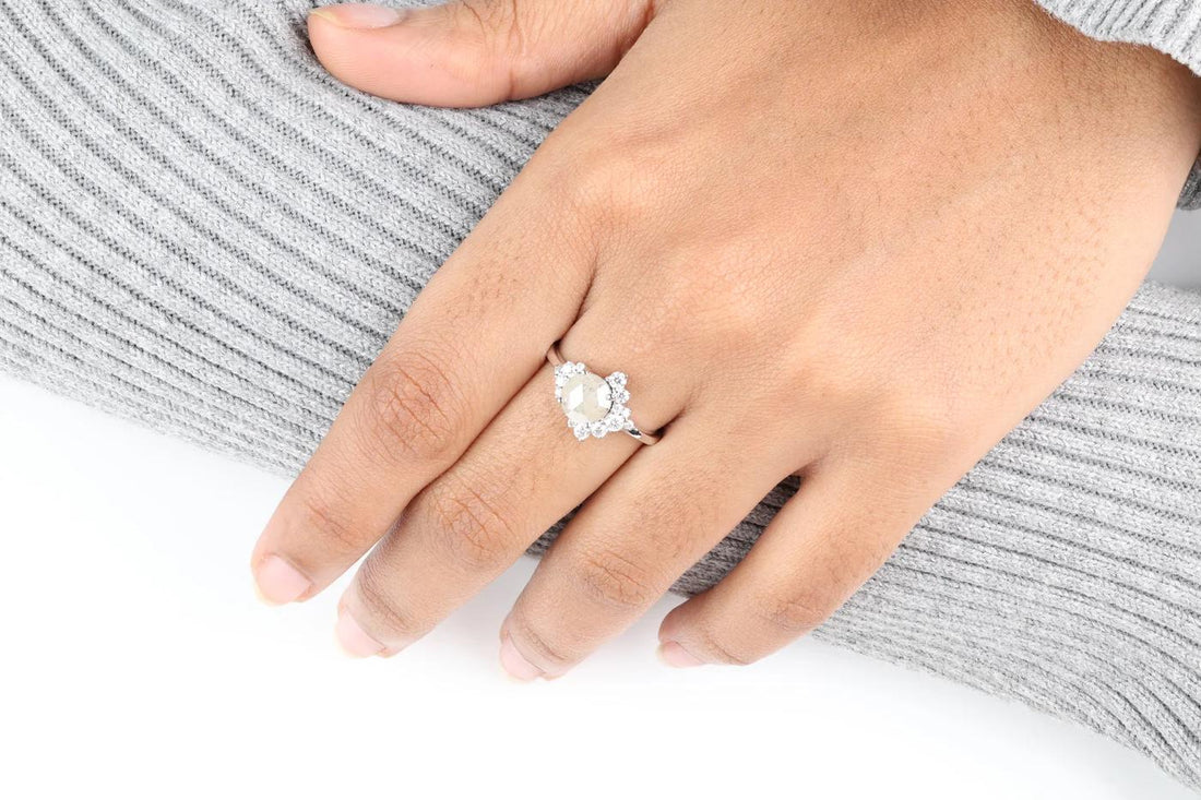 14K White Gold Grey Round Rose Cut Salt and Pepper Natural Diamond Engagement Ring