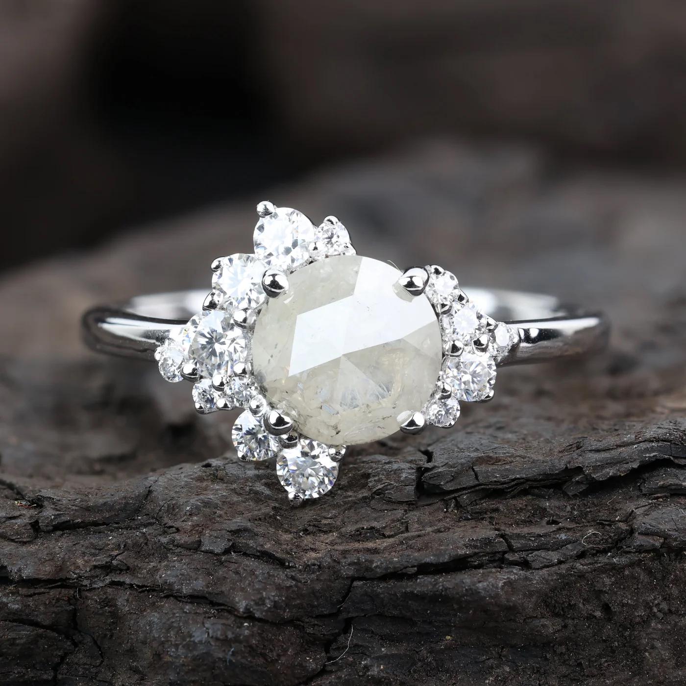 14K White Gold Grey Round Rose Cut Salt and Pepper Natural Diamond Engagement Ring