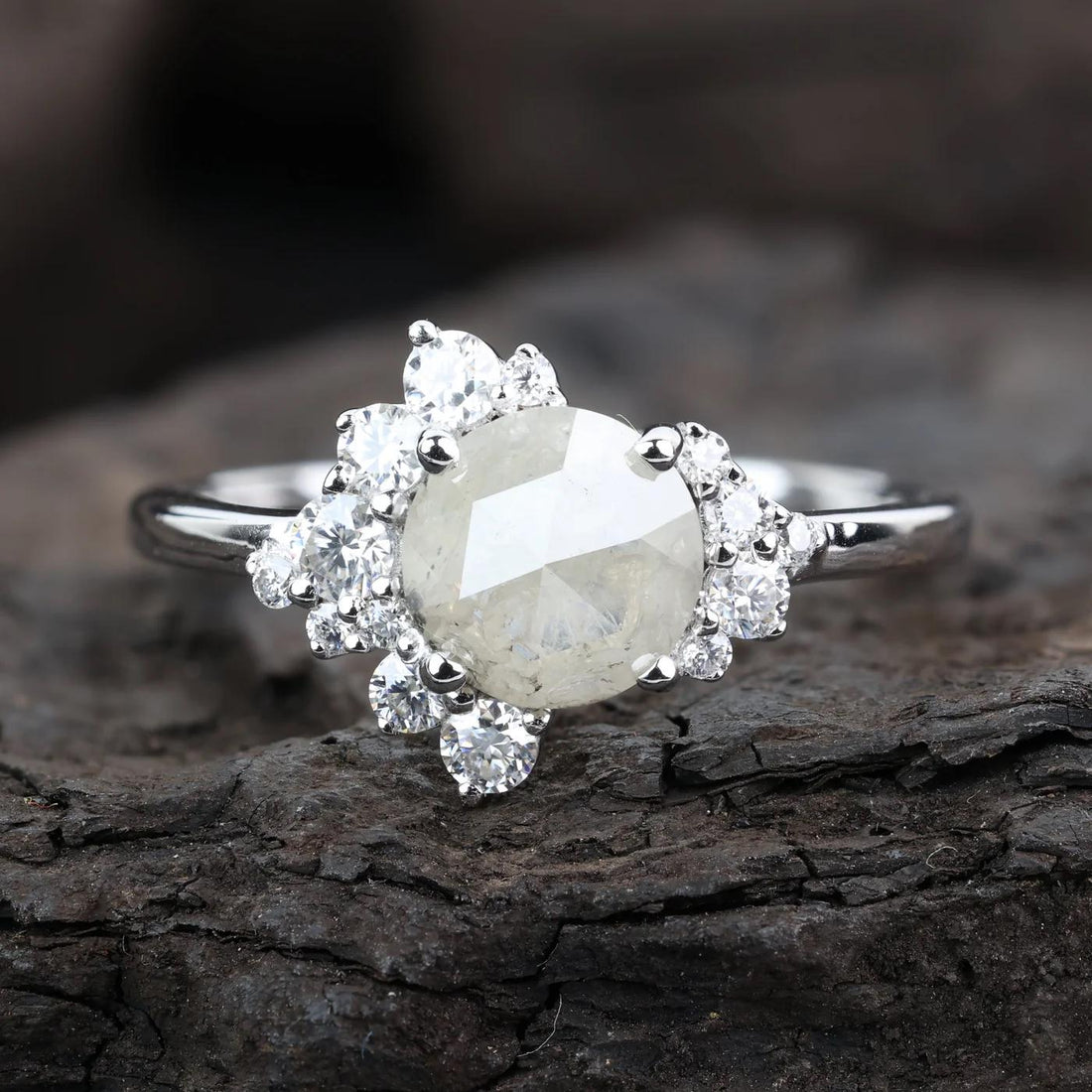 14K White Gold Grey Round Rose Cut Salt and Pepper Natural Diamond Engagement Ring
