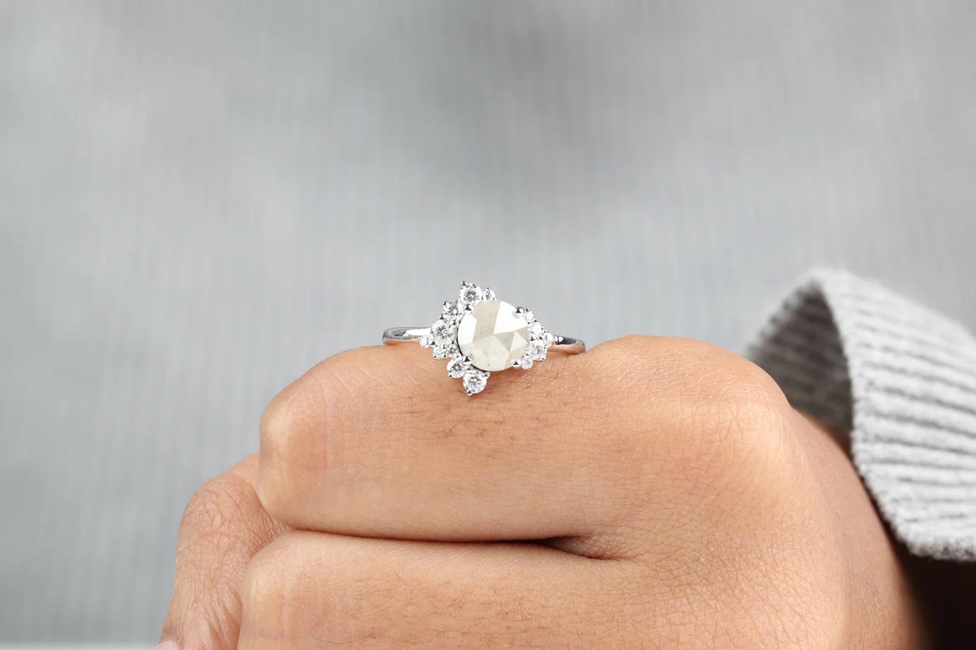 14K White Gold Grey Round Rose Cut Salt and Pepper Natural Diamond Engagement Ring