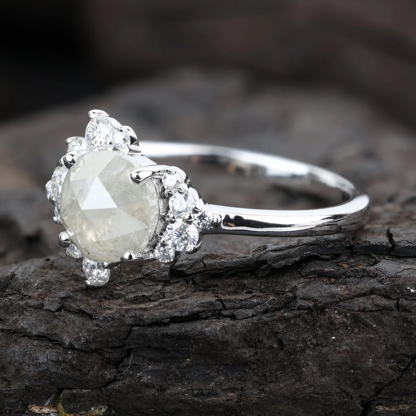 14K White Gold Grey Round Rose Cut Salt and Pepper Natural Diamond Engagement Ring