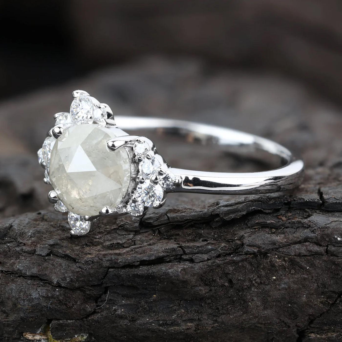 14K White Gold Grey Round Rose Cut Salt and Pepper Natural Diamond Engagement Ring