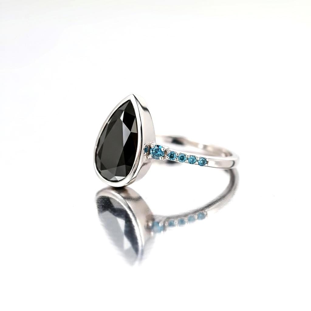 Pear Cut Black Diamond Ring, Natural Diamond 14K Rose Gold Promise Ring
