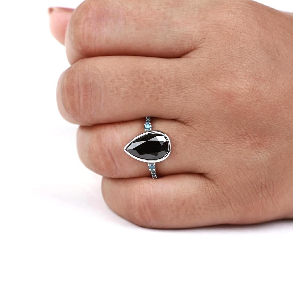 Pear Cut Black Diamond Ring, Natural Diamond 14K Rose Gold Promise Ring