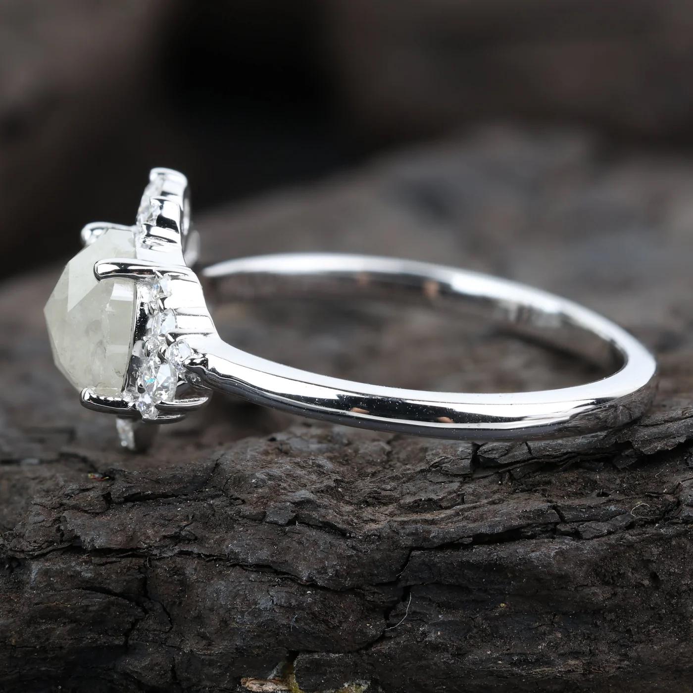14K White Gold Grey Round Rose Cut Salt and Pepper Natural Diamond Engagement Ring