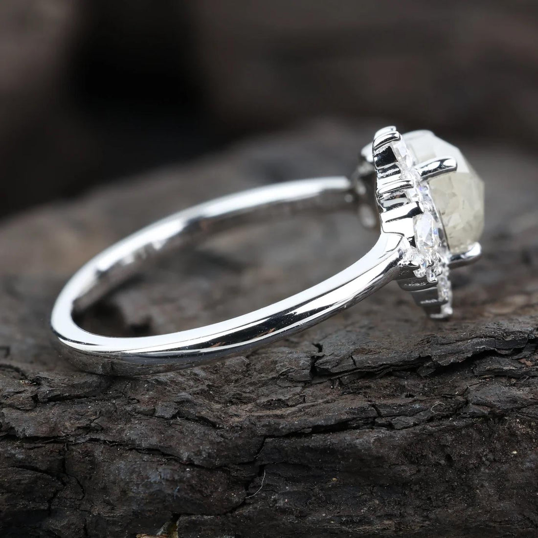 14K White Gold Grey Round Rose Cut Salt and Pepper Natural Diamond Engagement Ring