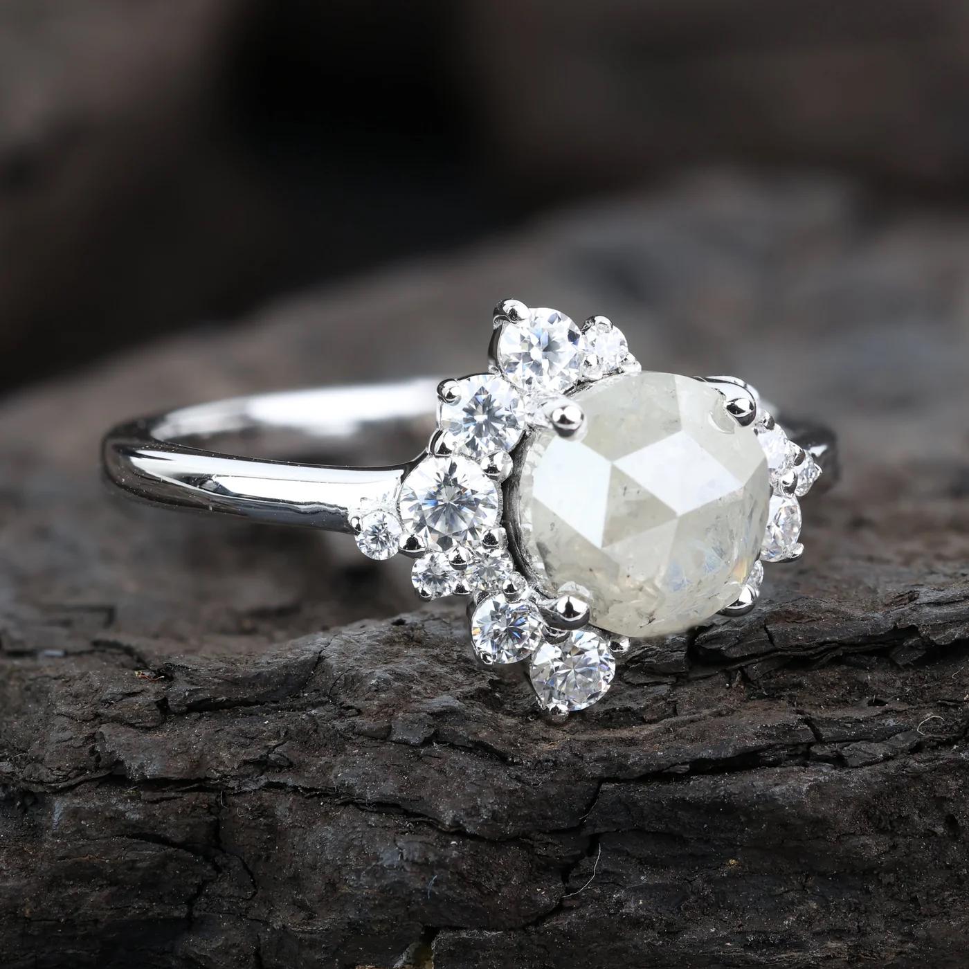 14K White Gold Grey Round Rose Cut Salt and Pepper Natural Diamond Engagement Ring
