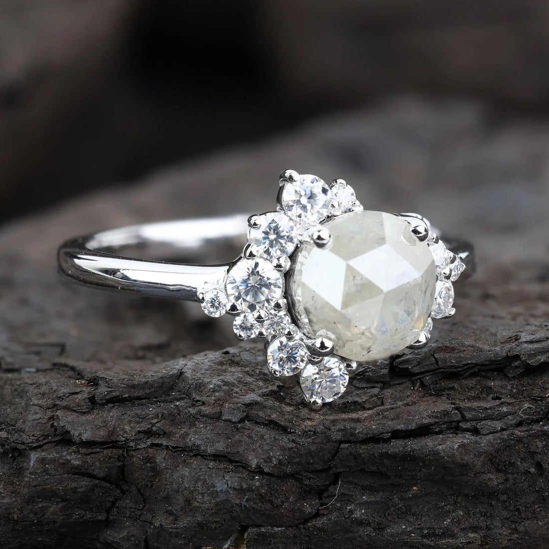 14K White Gold Grey Round Rose Cut Salt and Pepper Natural Diamond Engagement Ring
