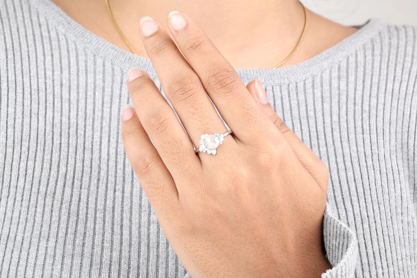14K White Gold Grey Round Rose Cut Salt and Pepper Natural Diamond Engagement Ring